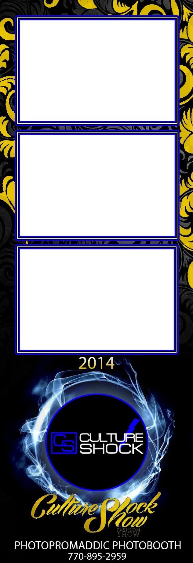 Event poster for the 2014 Culture Shock Show, a fashion show at a photopromadic photobooth, featuring black, yellow, and blue colors with decorative patterns and a blue circular logo in the center.