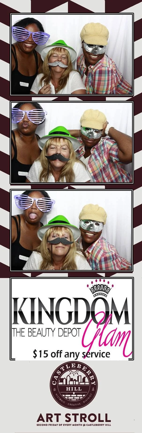 Photo booth strip with three women wearing fun costumes and glasses, showing different facial expressions, with a promotional card for Kingdom Glam Beauty Depot and Castleberry Hill Art Stroll at the bottom.