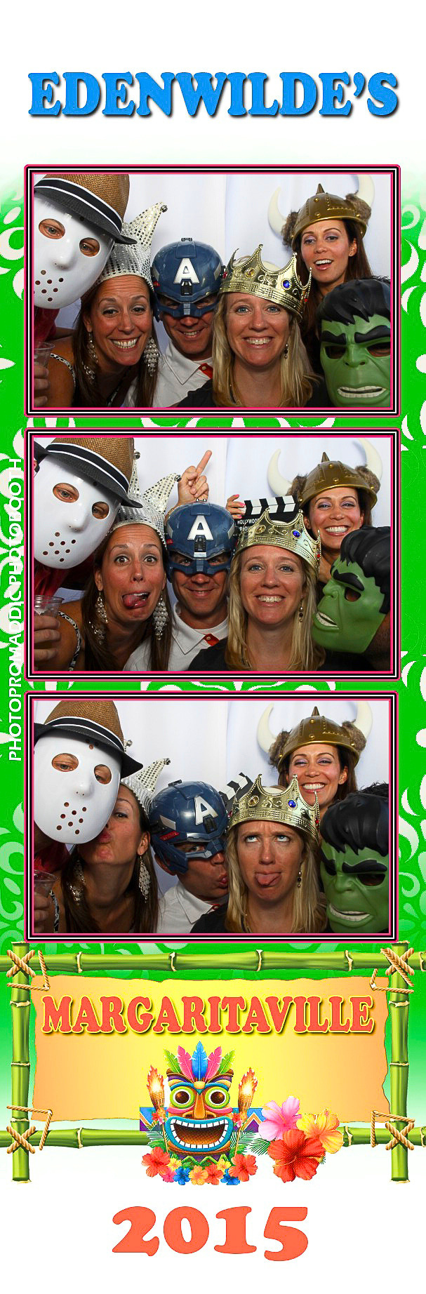 Group of people in Photopromaddic photo booth in costumes taking fun photos at an event called Margaritaville, with masks, crowns, and themed props.