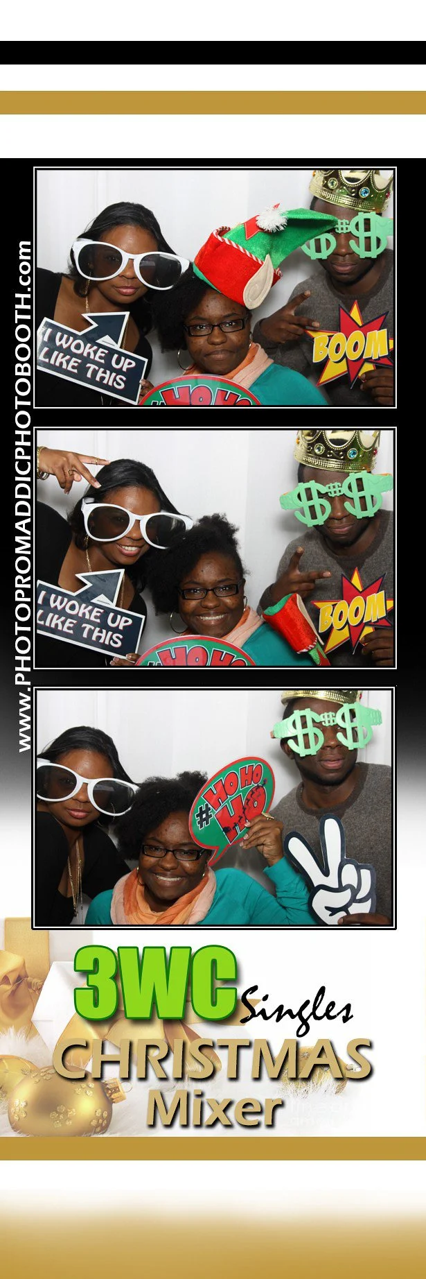 Photo strip from a Christmas party featuring four people wearing festive accessories like sunglasses, a crown, and holiday props. They are holding signs and making playful gestures, with the event titled '3WC Singles Christmas Mixer' at the bottom.