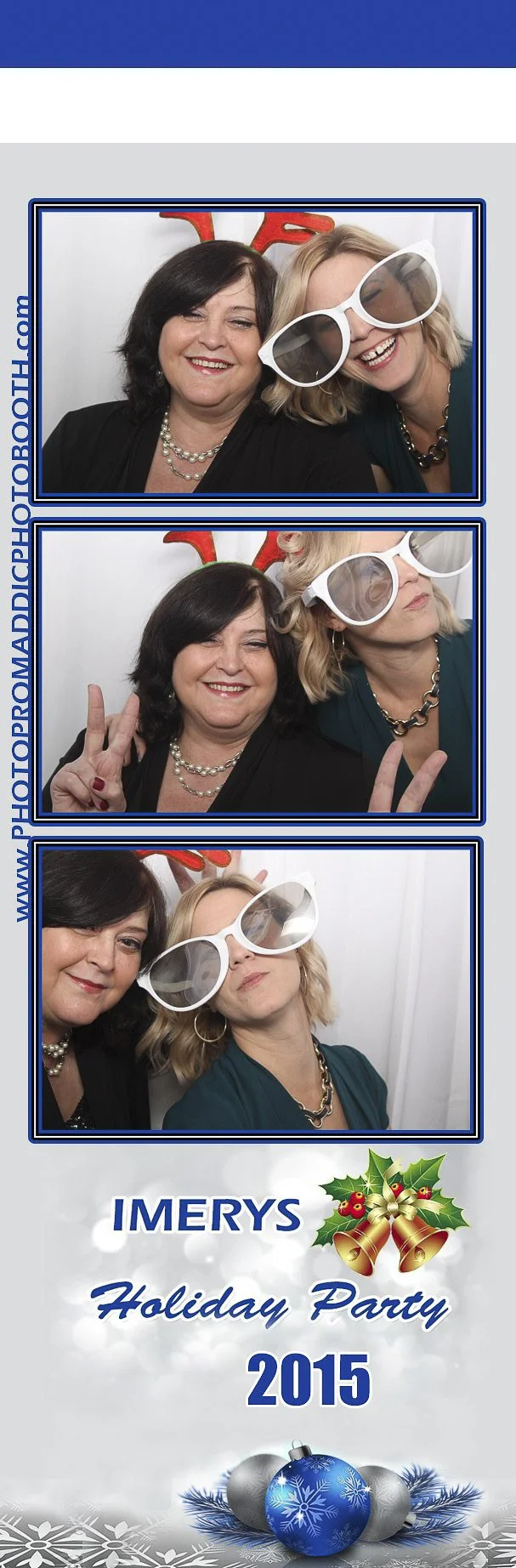 Three photo booth pictures from the IMERYS 2015 Holiday Party. The women are smiling and posing with holiday accessories like reindeer antlers, oversized sunglasses, and peace signs. The background is white with holiday decorations, and the bottom fe