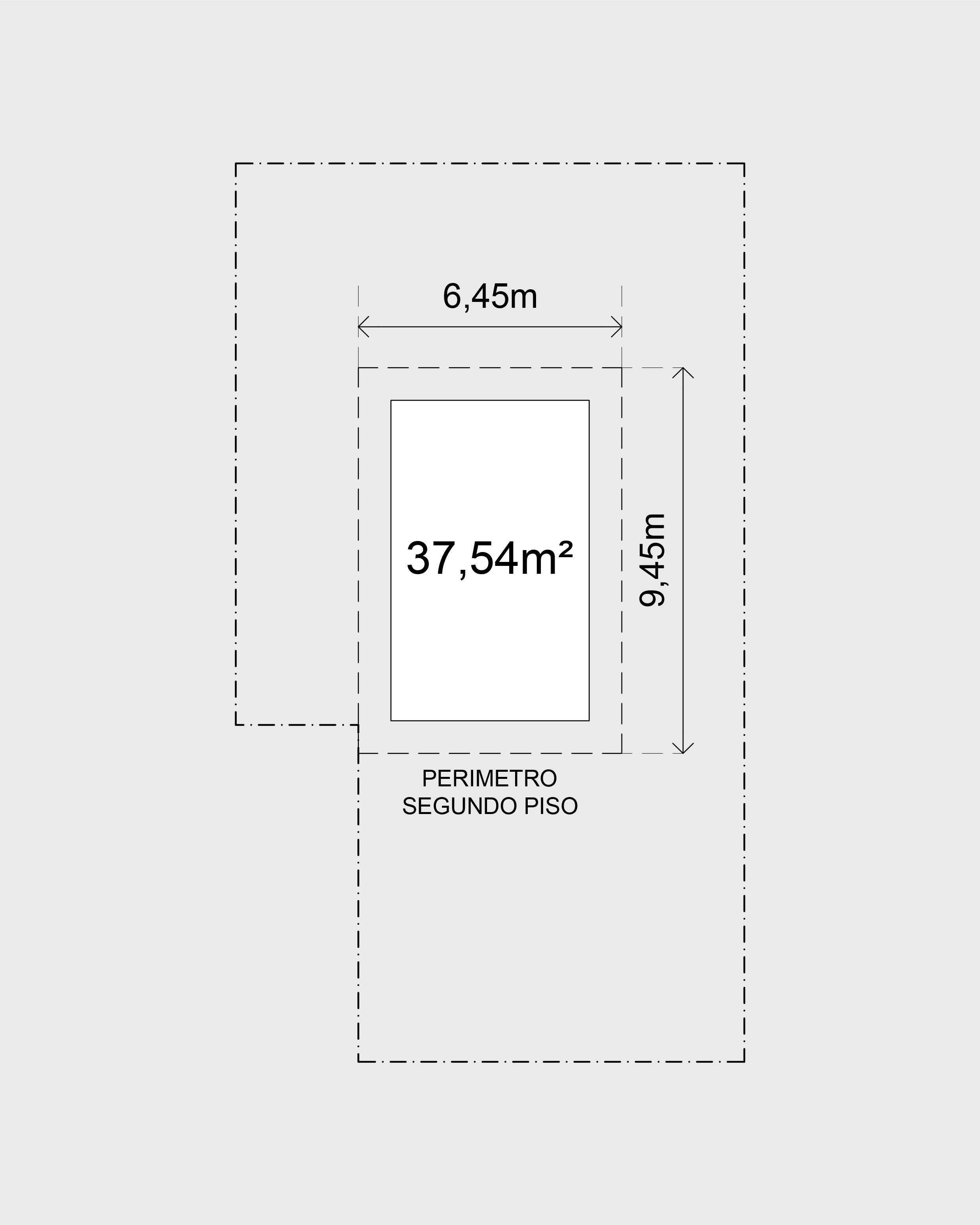 Esquema de ampliación posible de 37,54 m² en un tercer piso según normativa