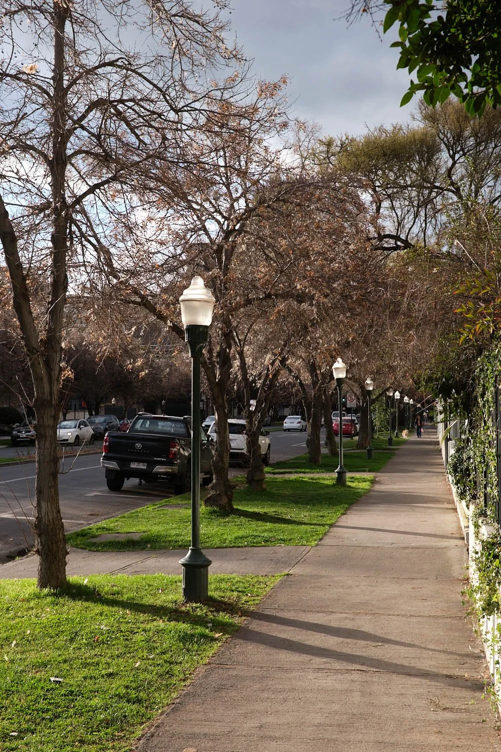 Vereda arbolada en el entorno residencial del barrio El Golf, Las Condes