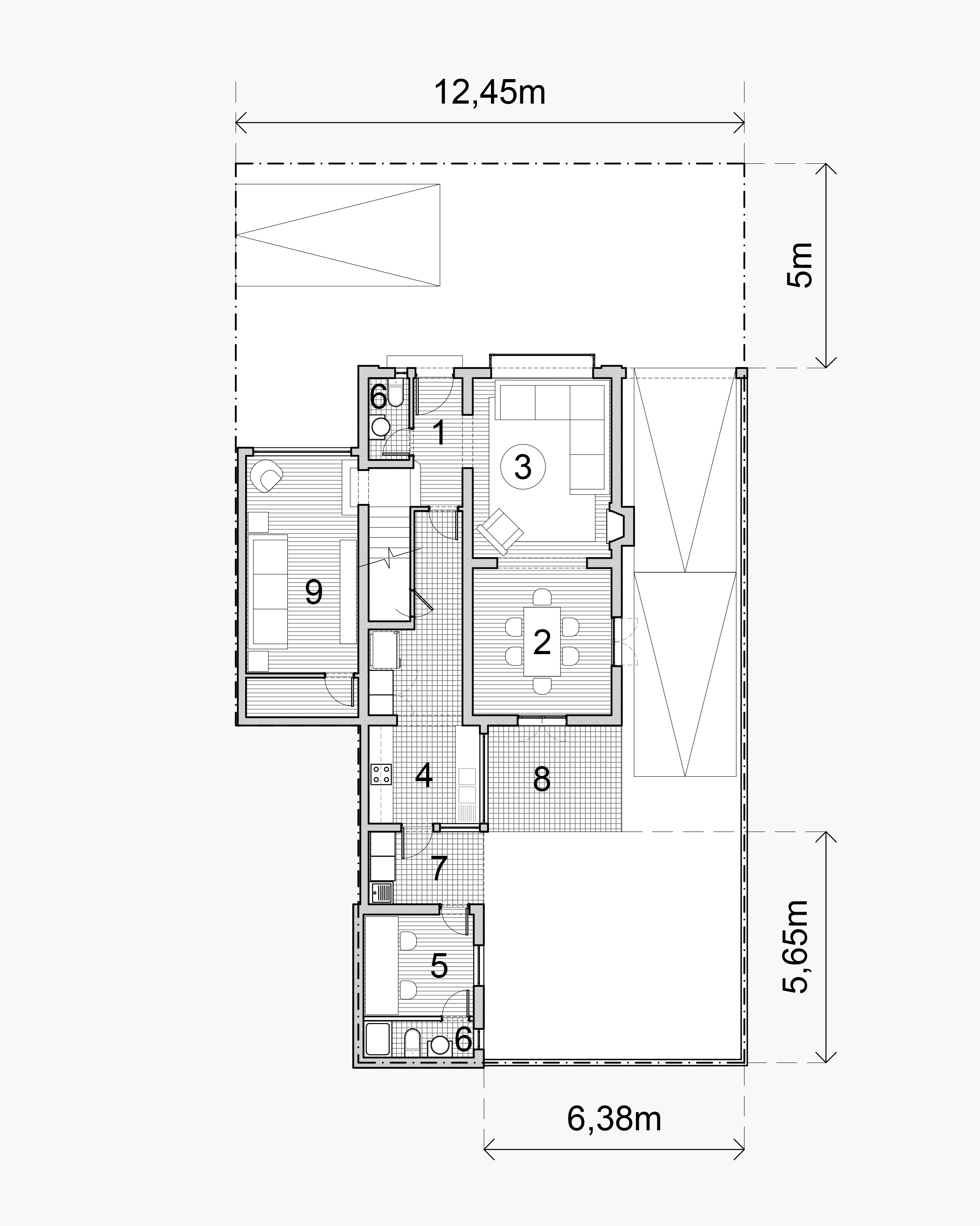 Planta del primer piso de la casa para remodelar, con hall, living, comedor y cocina