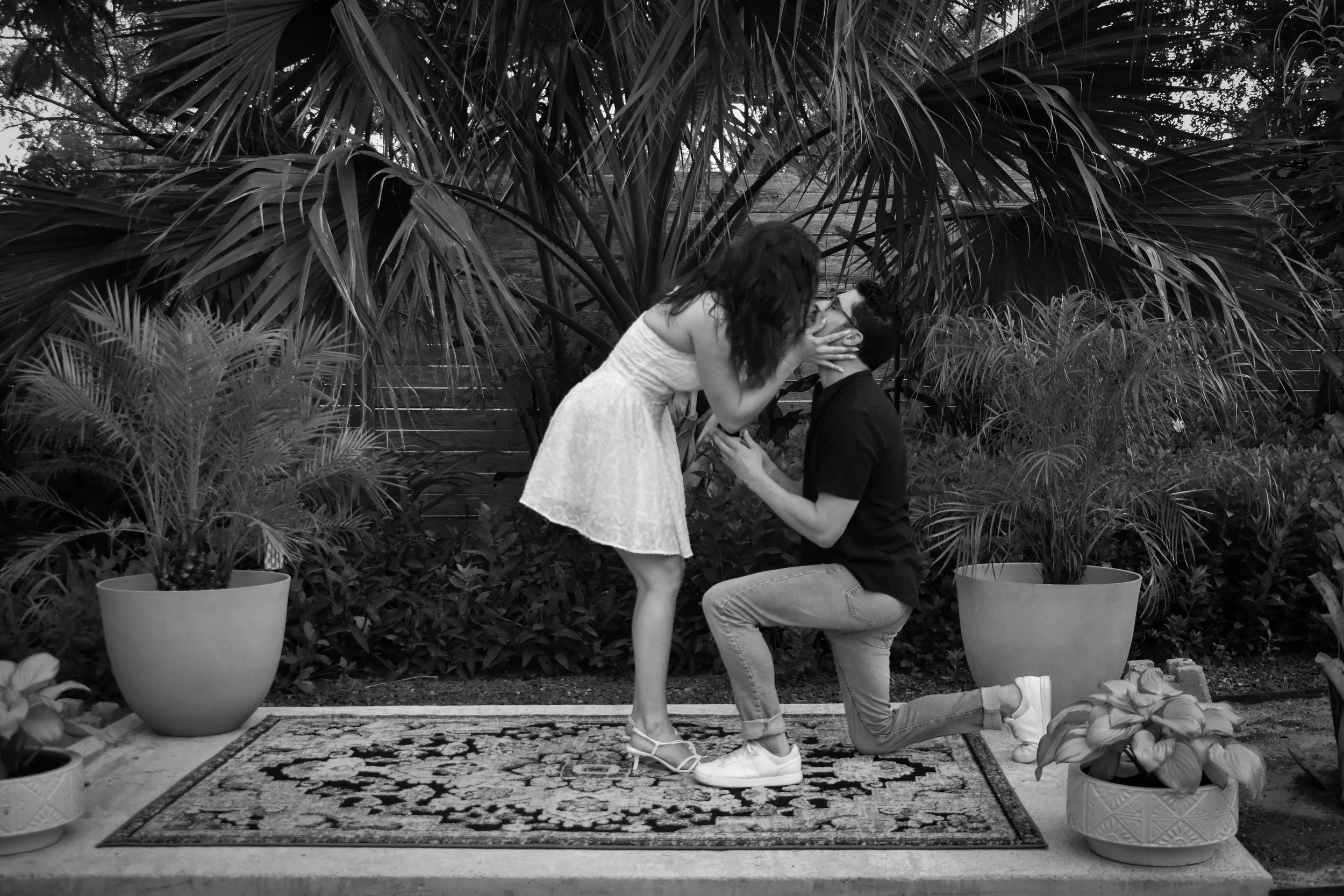 A couple is engaged in a marriage proposal outdoors. The woman, dressed in a white dress and high heels, is kissing the man, who is kneeling on one knee in front of her. They are surrounded by potted plants and lush foliage, with a patterned rug on the ground.