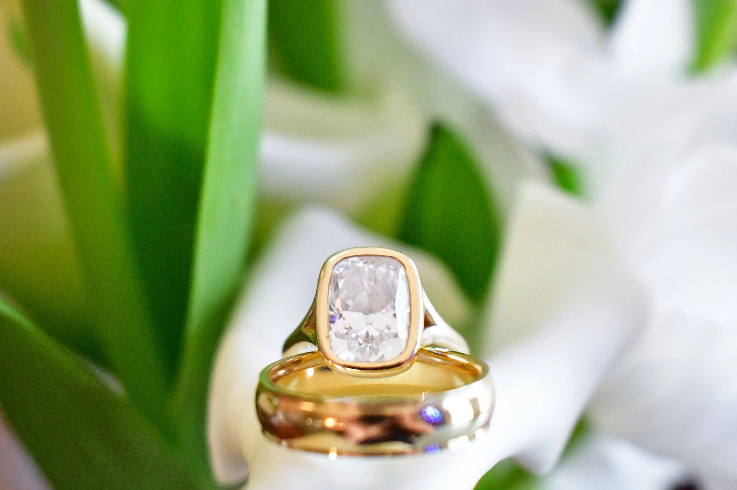 Close-up of a diamond engagement ring with a gold band, set against a background of green leaves.