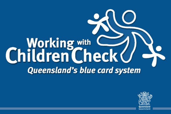 Logo for Working with Children Check, Queensland's blue card system, showing white line art of a child, an adult, and a smaller child on a blue background with the Queensland Government emblem.
