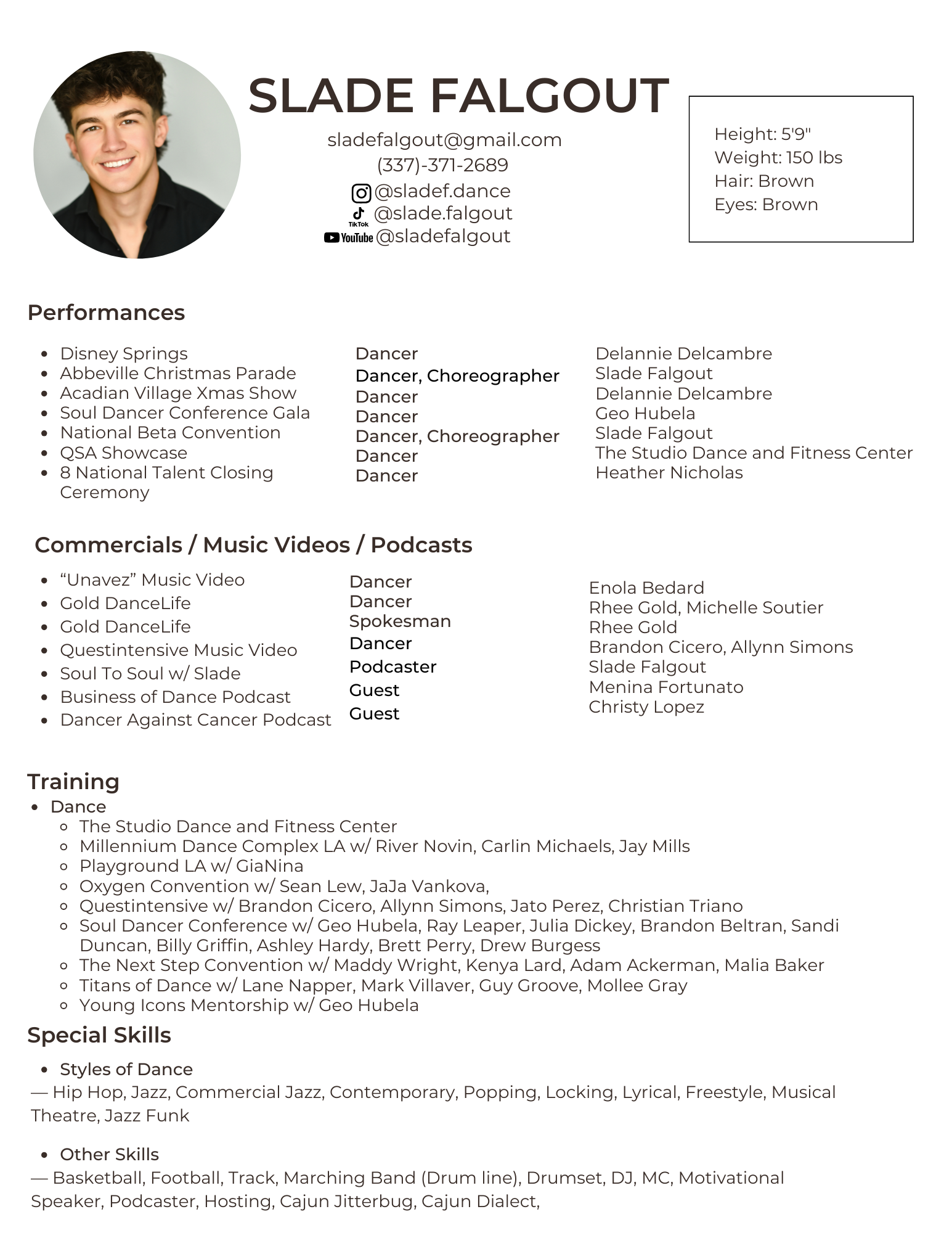 A professional resume for Slade Falgout featuring a photo of a smiling young man with curly brown hair, dressed in a black shirt, on the left side. The resume lists contact details, social media handles, performance experience, commercial work, training, skills, and special skills.