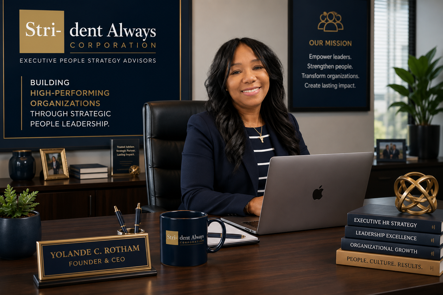 A woman sitting at her desk in an office, smiling at the camera. She has long black hair and is wearing a navy blazer over a striped top. The desk has a nameplate that reads Yolande C. Rotham, Founder & CEO, a laptop, a coffee mug, and a few books. In the background, there are framed photos, a plant, and a digital screen displaying the company's mission and strategic goals.