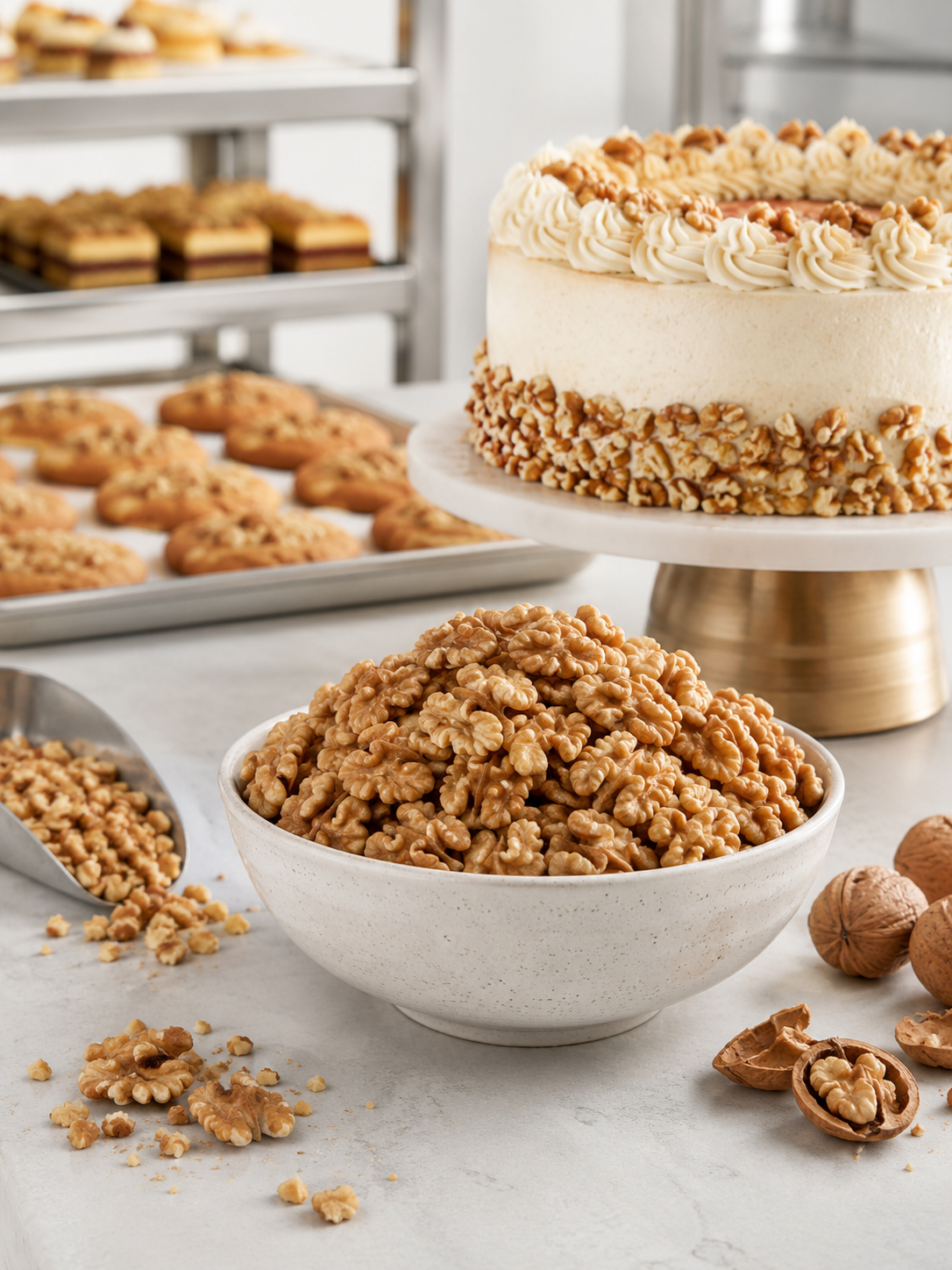 A white bowl filled with walnuts in the foreground, a large decorated cake with walnuts on top and around the sides on a cake stand behind, and assorted cookies on a tray in the background on a white surface with scattered walnuts.