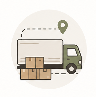 Delivery truck with boxes and location pin indicating delivery route