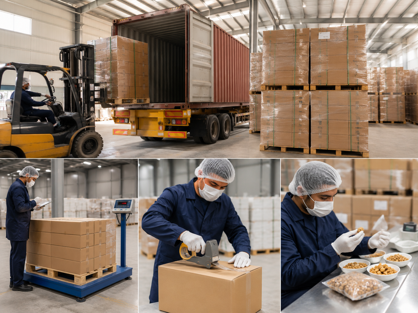 Warehouse with stacked cardboard boxes, forklift loading a truck, and workers in protective gear handling packages and inspecting products.