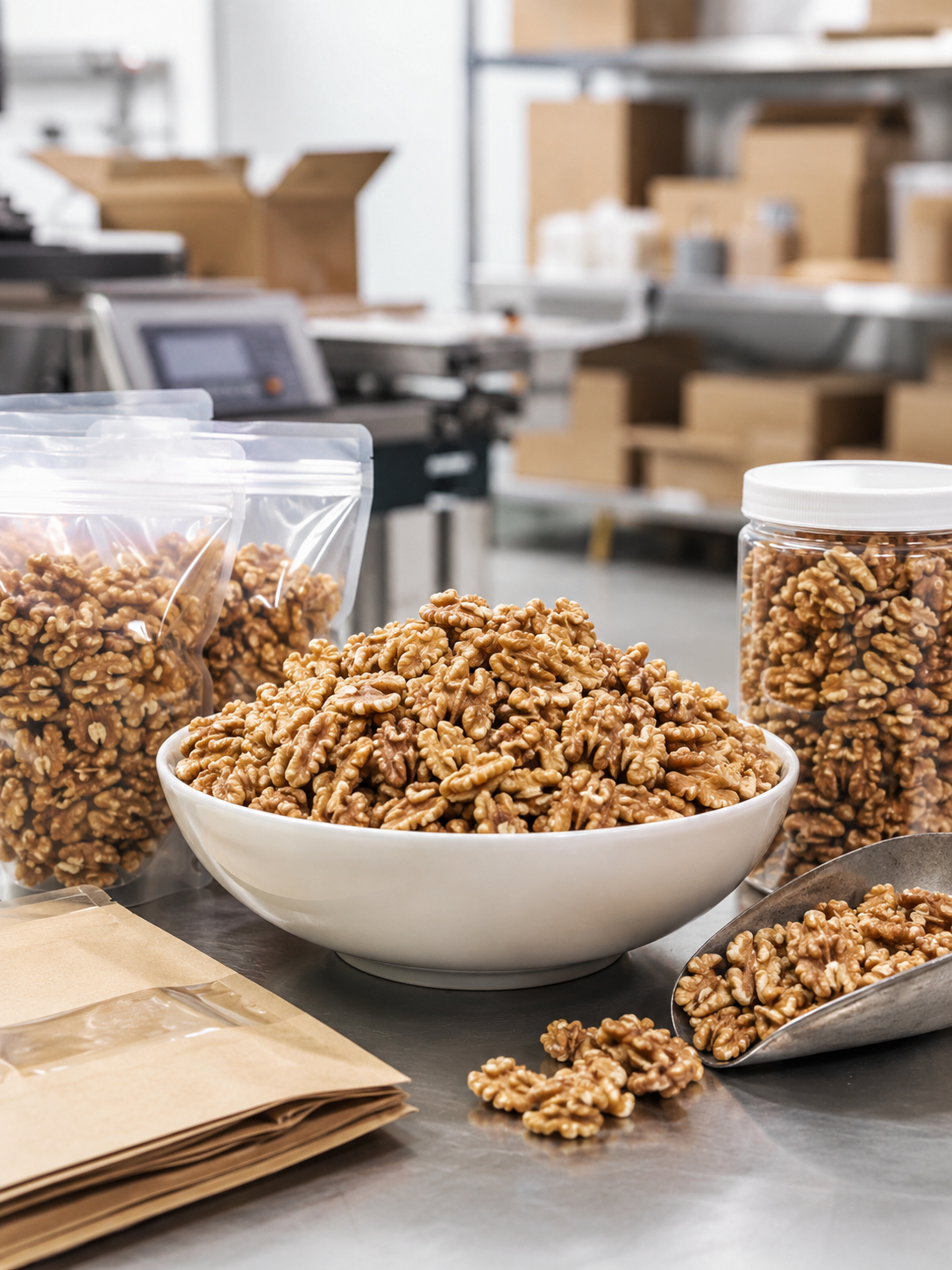 Close-up of a bowl and containers of walnuts on a table in a packaging facility.