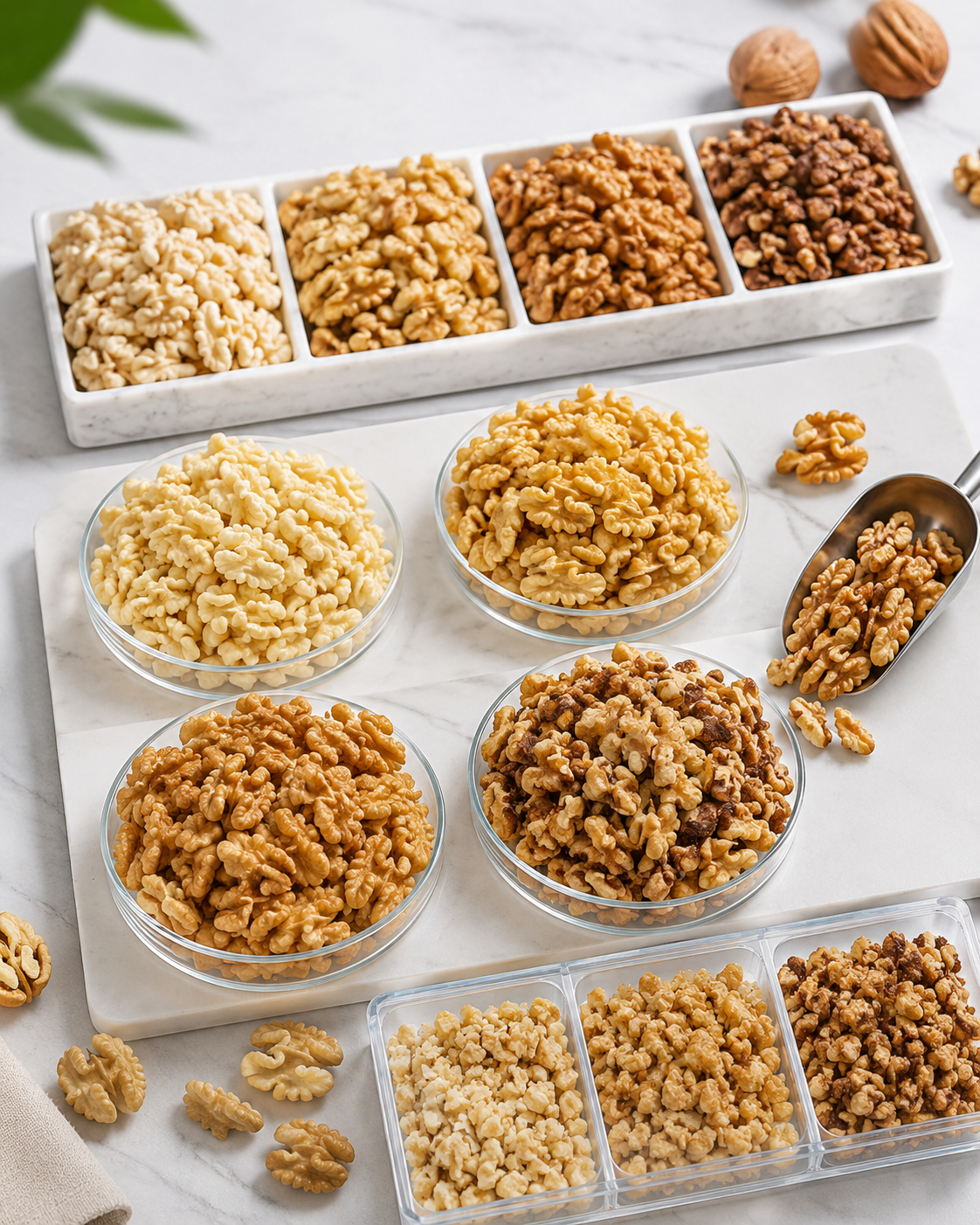 Various bowls and containers of different types of walnuts on a white marble surface.