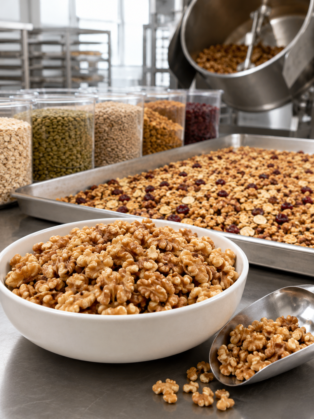 A kitchen scene with a white bowl of caramelized walnuts, a metal scoop of walnuts, a large tray of mixed dried fruits and nuts, glass jars of various nuts, and a metal container pouring dried fruits into the tray.