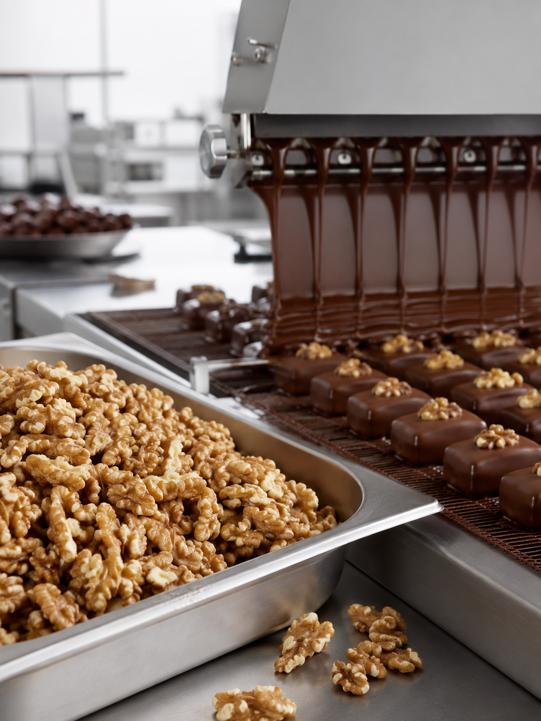 Chocolate being poured onto rectangular pastries topped with walnut pieces, with a tray of walnuts in the foreground.