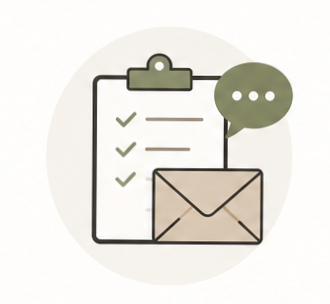 Checklist on a clipboard with checkmarks, a speech bubble with dots, and an envelope icon.