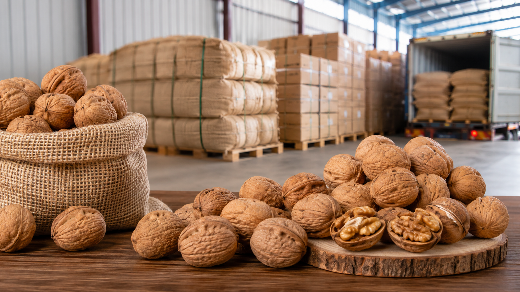 Walnuts on a wooden surface with a burlap bag, stacked in a warehouse with pallets and a truck in the background.