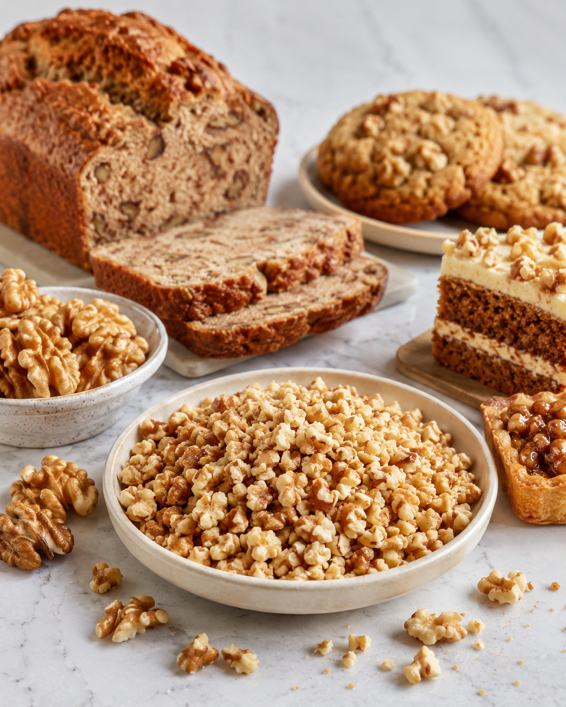 Assorted baked goods including banana bread with slices, oatmeal cookies with nuts, walnut pieces, chopped nuts, walnut tart, and a caramel apple crumble cake with cream cheese frosting topped with nuts.