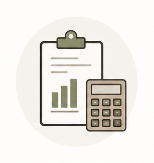 Clipboard with paper displaying a bar graph and a calculator.