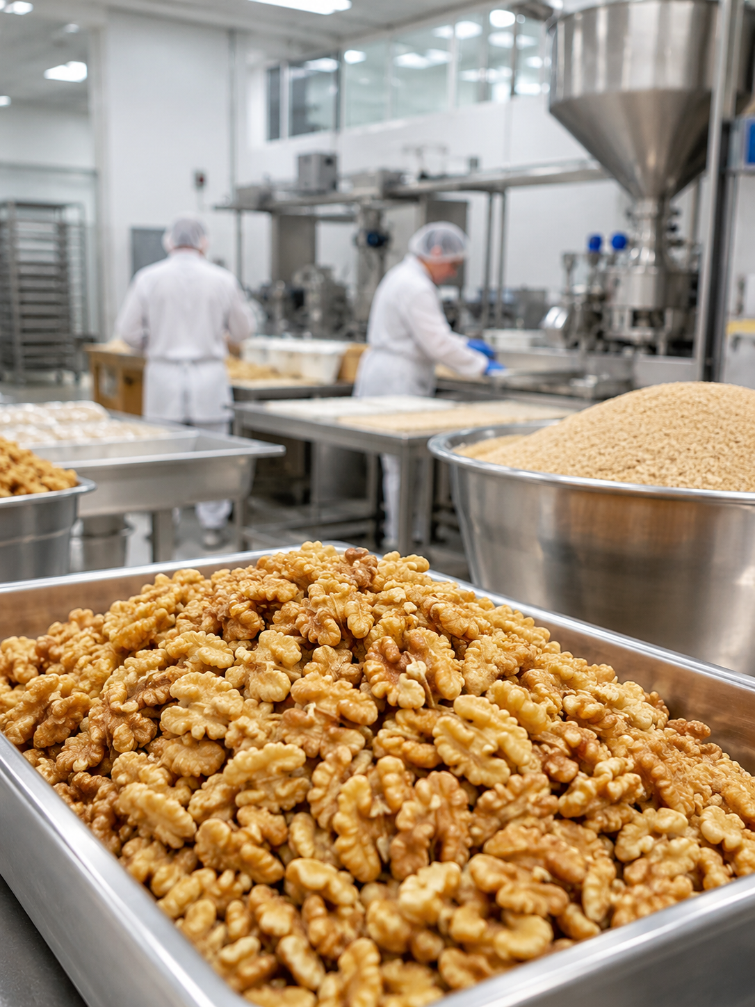 Workers in a food manufacturing facility working with almonds, crushed walnuts, and flour in metal trays and bowls.