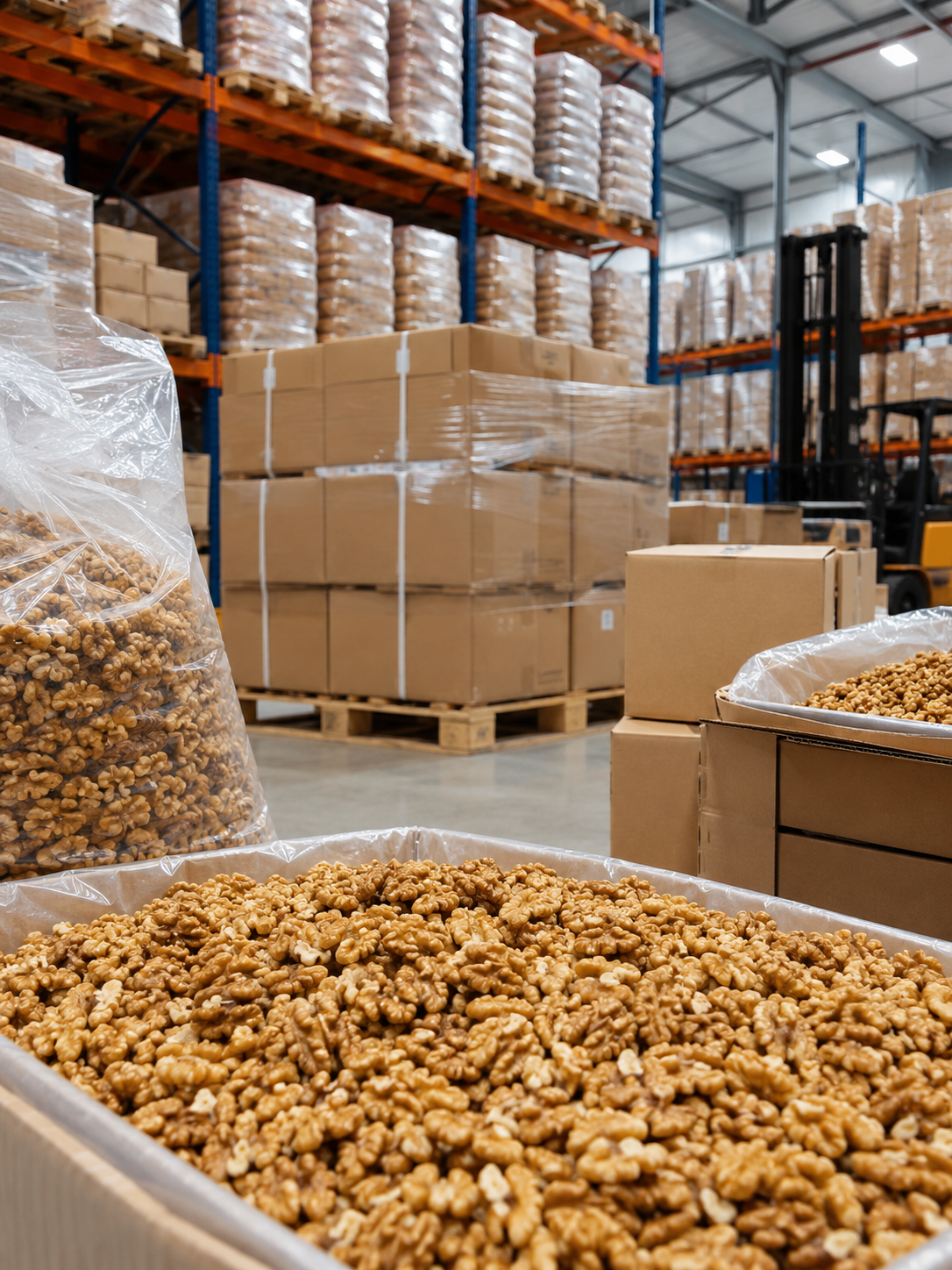 Warehouse with stacks of boxes and large containers of walnuts.