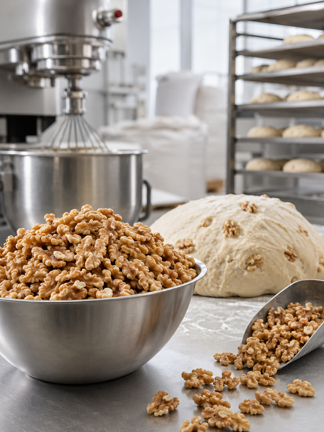 Bowl of chopped walnuts in a bakery setting with dough and a metal scoop nearby, behind a stand mixer and rack of proofing dough.
