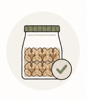 A jar of dog treats with a checkmark icon.