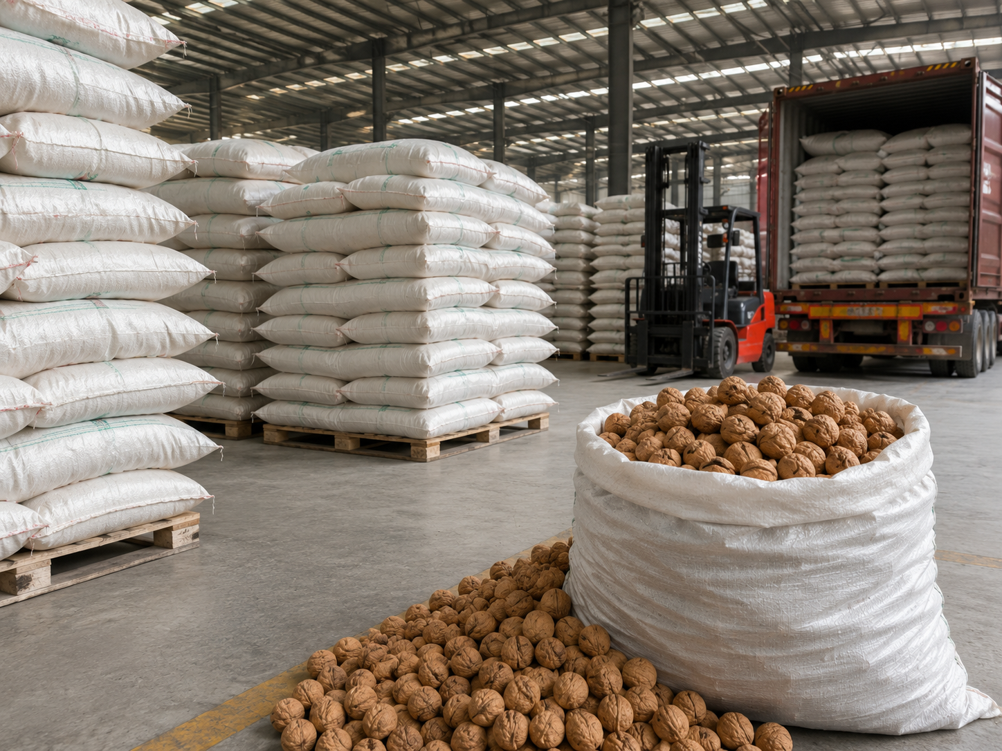 Warehouse with stacked white bags on pallets, a large open bag of walnuts spilling onto the floor, and a forklift near a truck