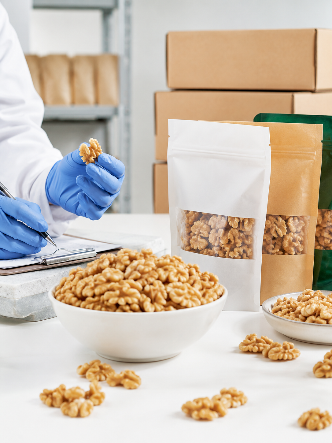 Person wearing blue gloves inspecting a walnut on a clipboard in a food packaging facility. There are bowls and packages of walnuts on the table, with cardboard boxes in the background.