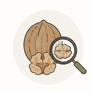 Walnut with a magnifying glass focusing on the walnut's nut