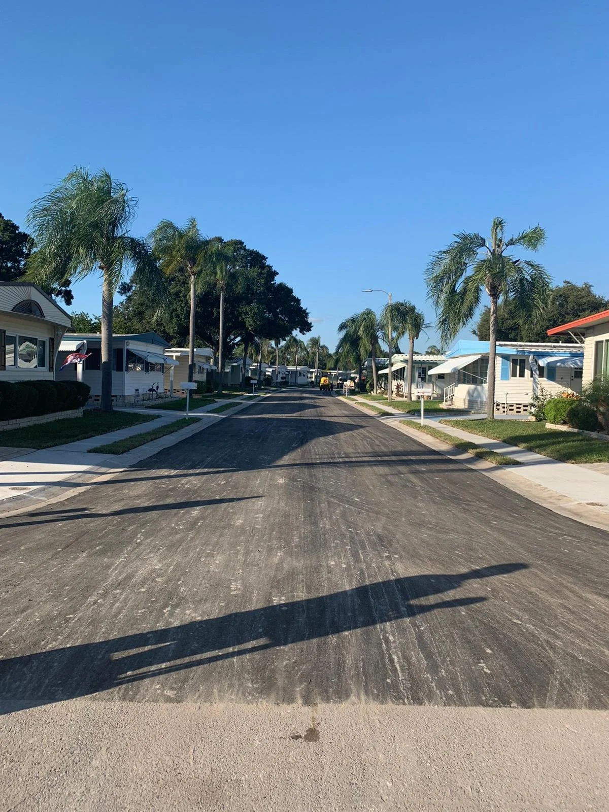 A street lined with palm trees and mobile homes under a clear blue sky, with freshly paved asphalt. Finished roadway reconstruction.