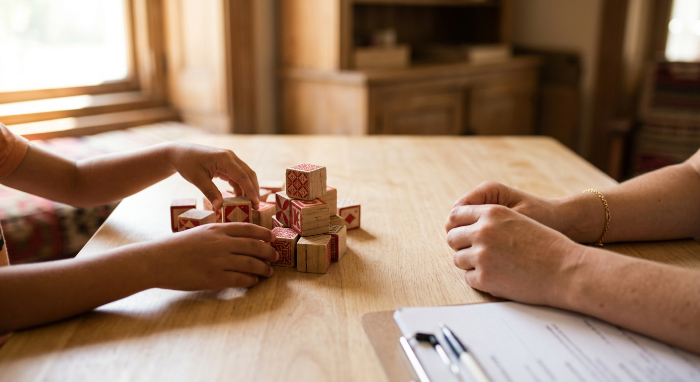 Adult and child hands building with wooden blocks at a table, psychological assessment in Okotoks
