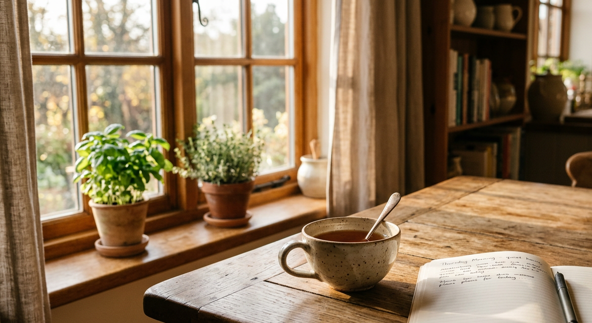 Cup of tea on a wooden table beside a sunlit window with potted herbs