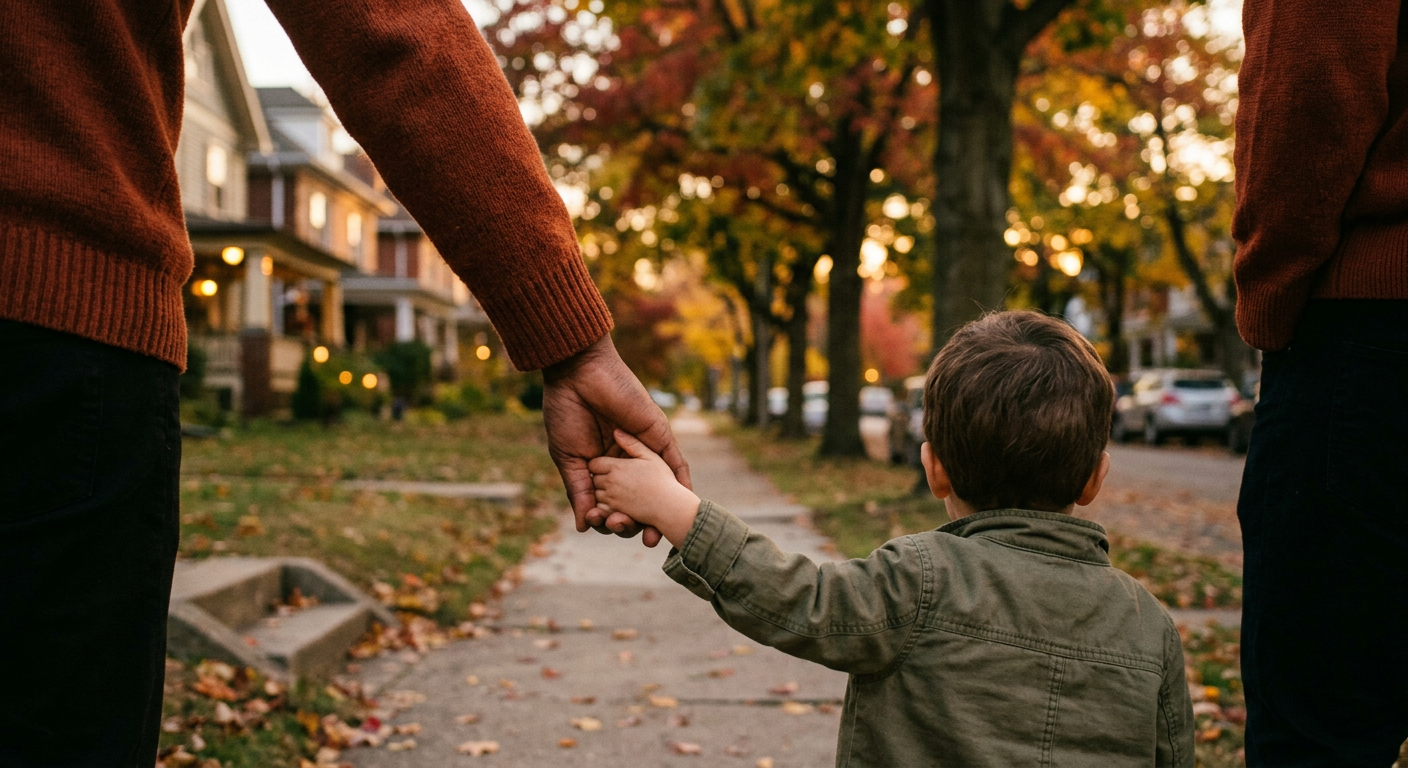 Adult holding a young child's hand on a tree-lined sidewalk in autumn, parenting support and family therapy in Okotoks