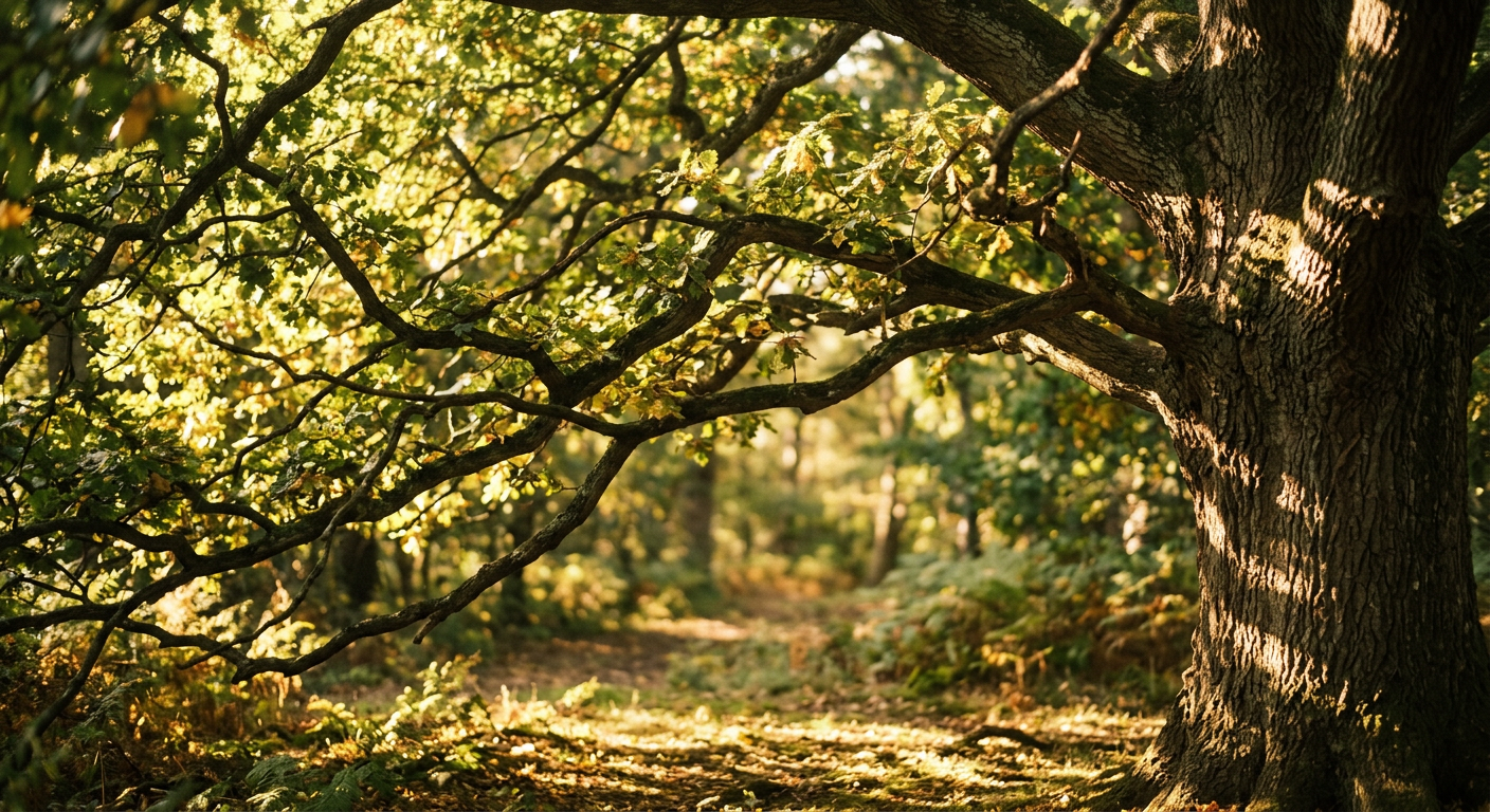 Sunlight filtering through the branches of a large tree over a woodland path