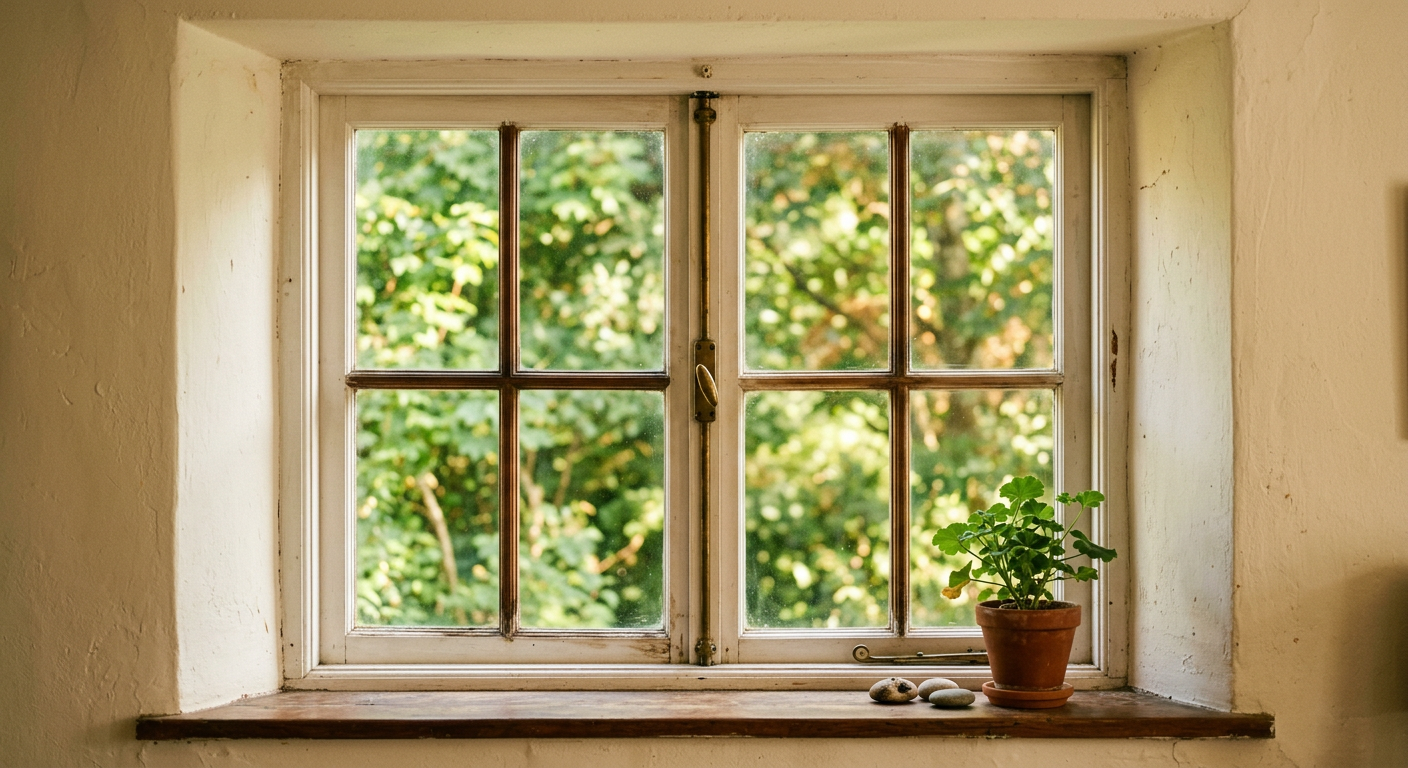 Old wooden window looking out onto green trees, with a geranium on the sill