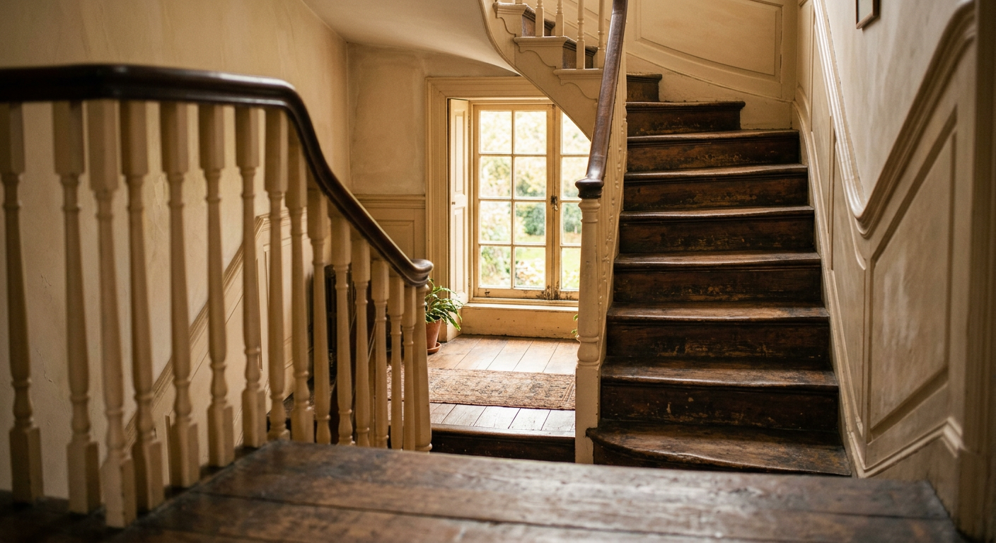 Warmly lit staircase and landing window inside a century-old house
