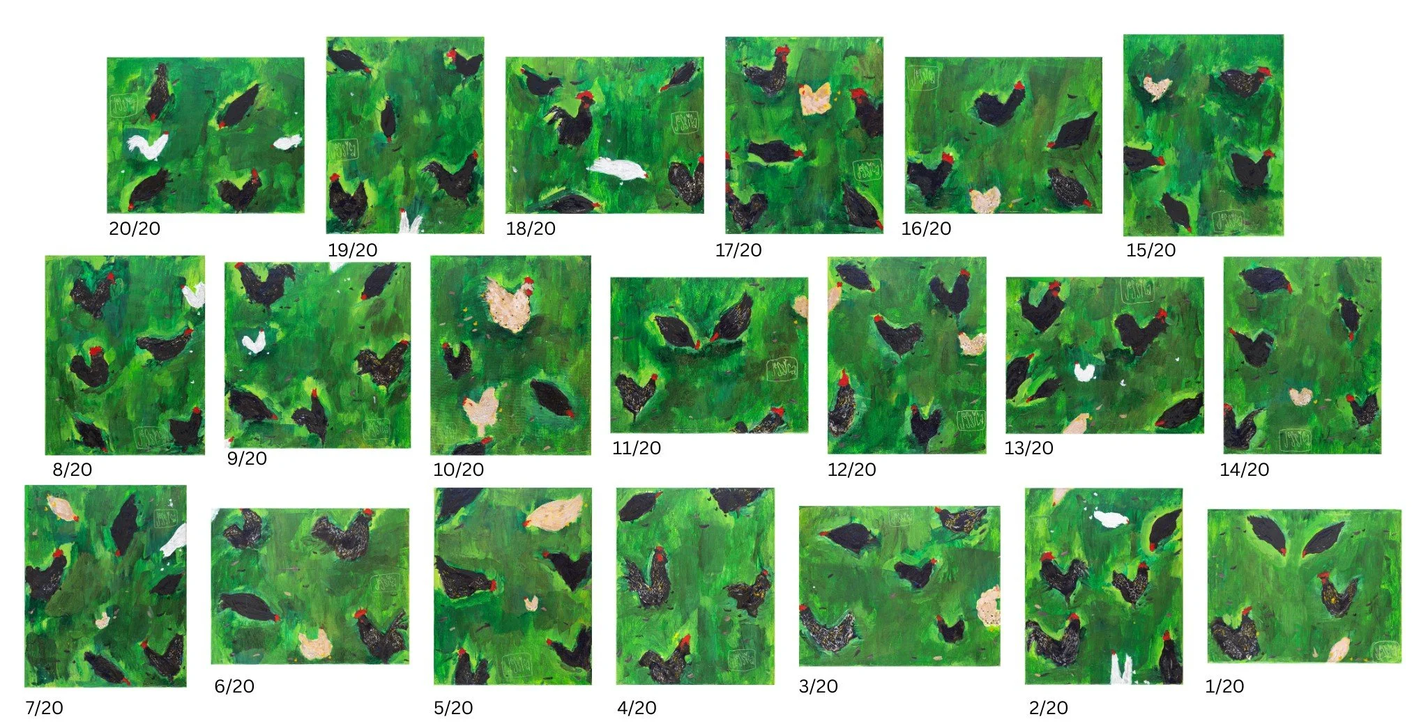 A collection of small paintings of chickens on a grassy background arranged in a grid, numbered from 1 to 20.