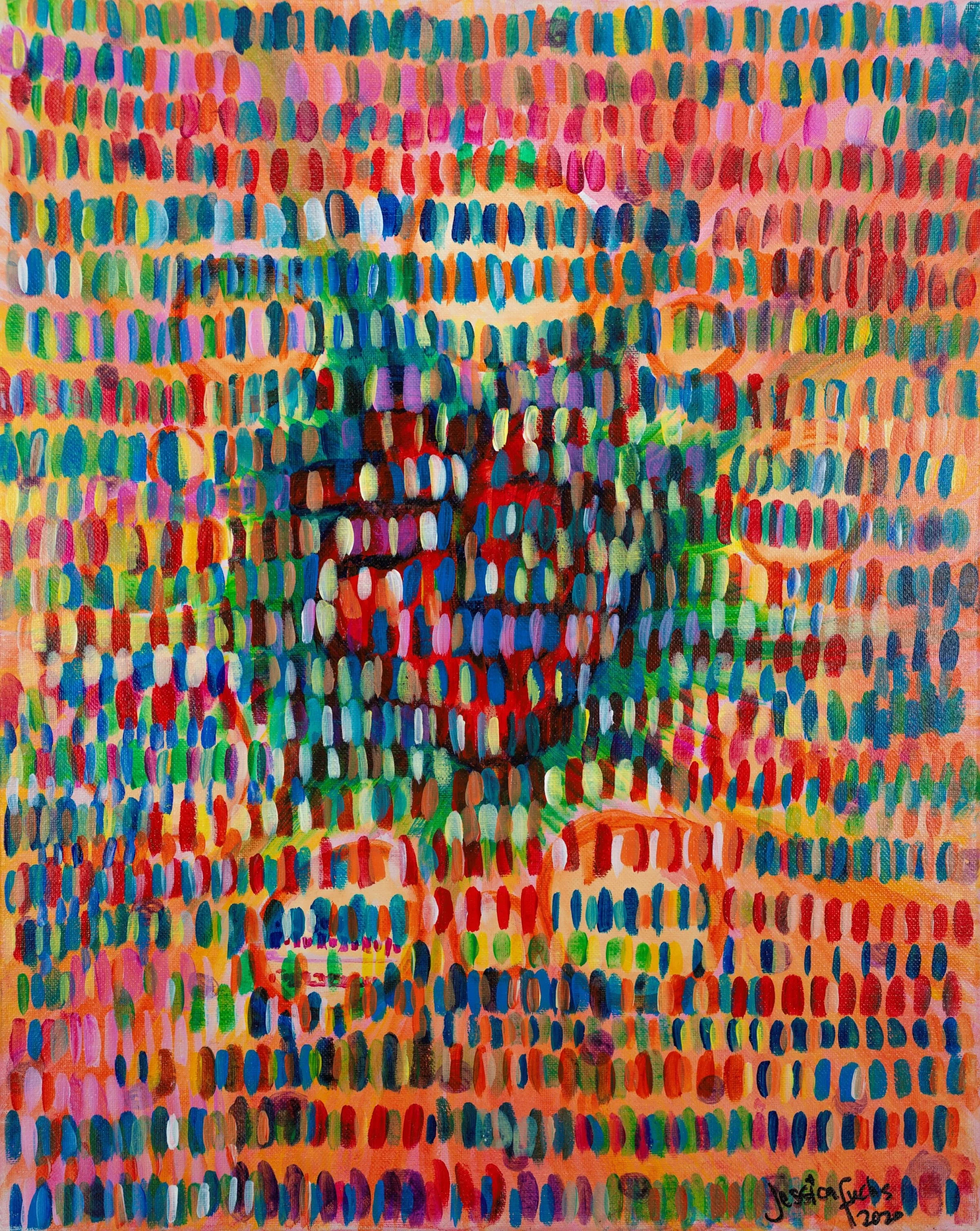 Colorful abstract painting with numerous small, vertical, oval-shaped brush strokes in various bright colors on a peach background. The artwork is signed in the bottom right corner with the name 'Jessica Fuchs' and the year '2022'.