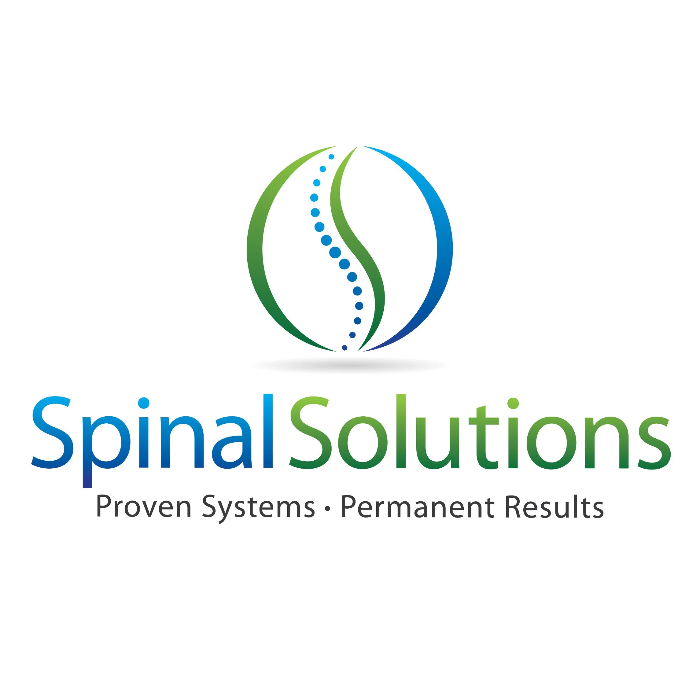 A logo with a globe-like design featuring green and blue curved lines crossing over a white background. The text 'Spinal Solutions' is written below in large, colorful letters, with 'Spinal' in blue and 'Solutions' in green.