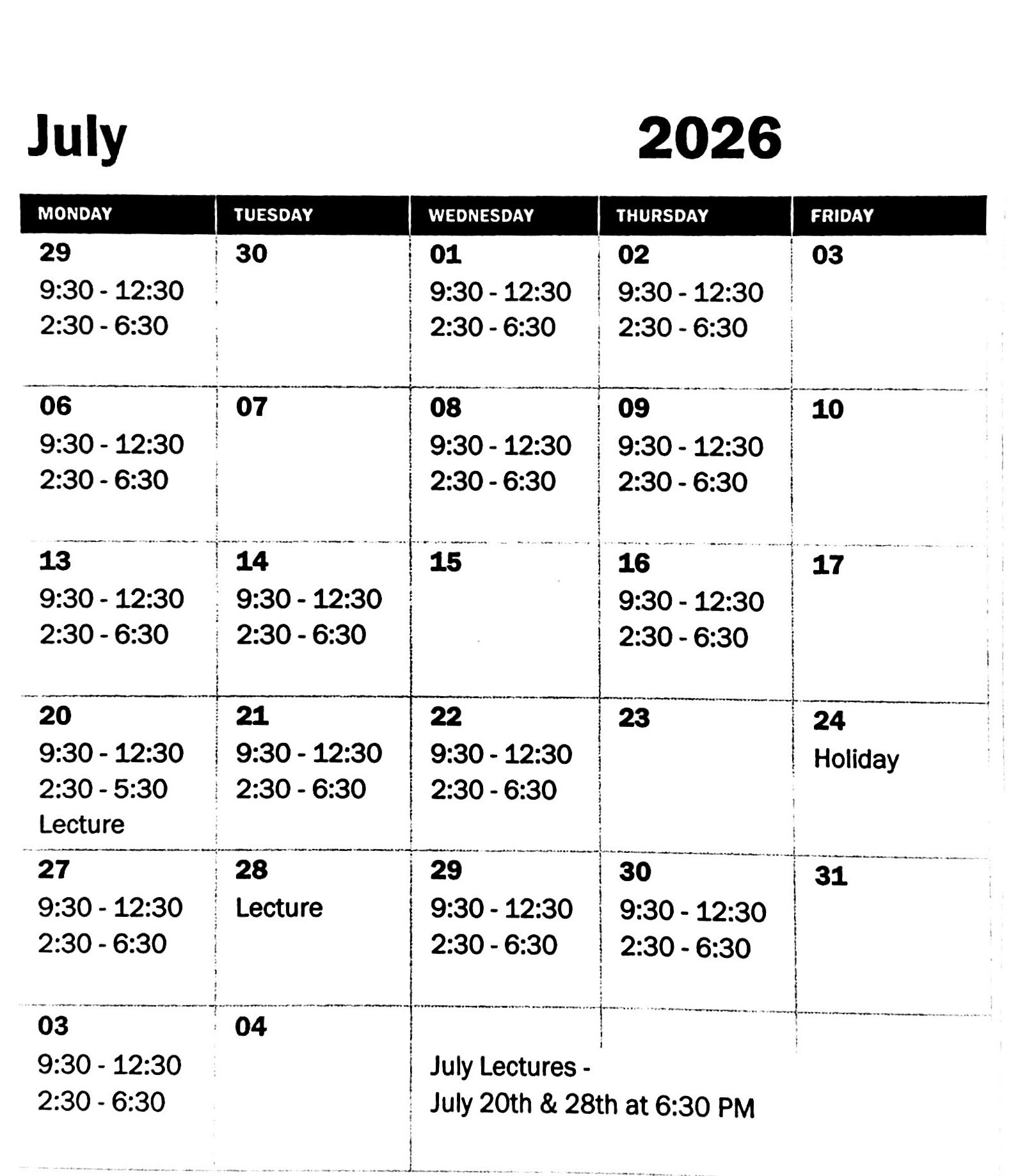 Spinal Solutions monthly office calendar