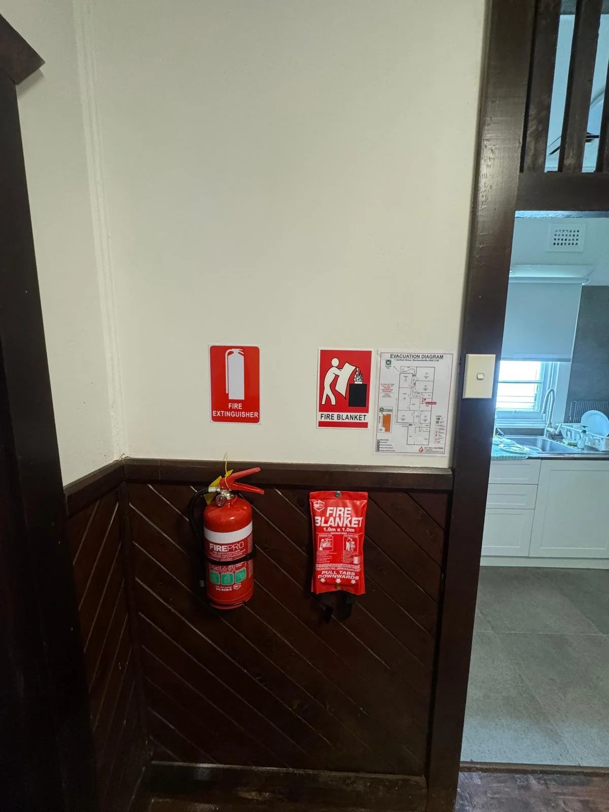 Fire Extinguisher, Fire Blanket, signage and evacuation diagram as part of a complete fire compliance install at Wentworthville