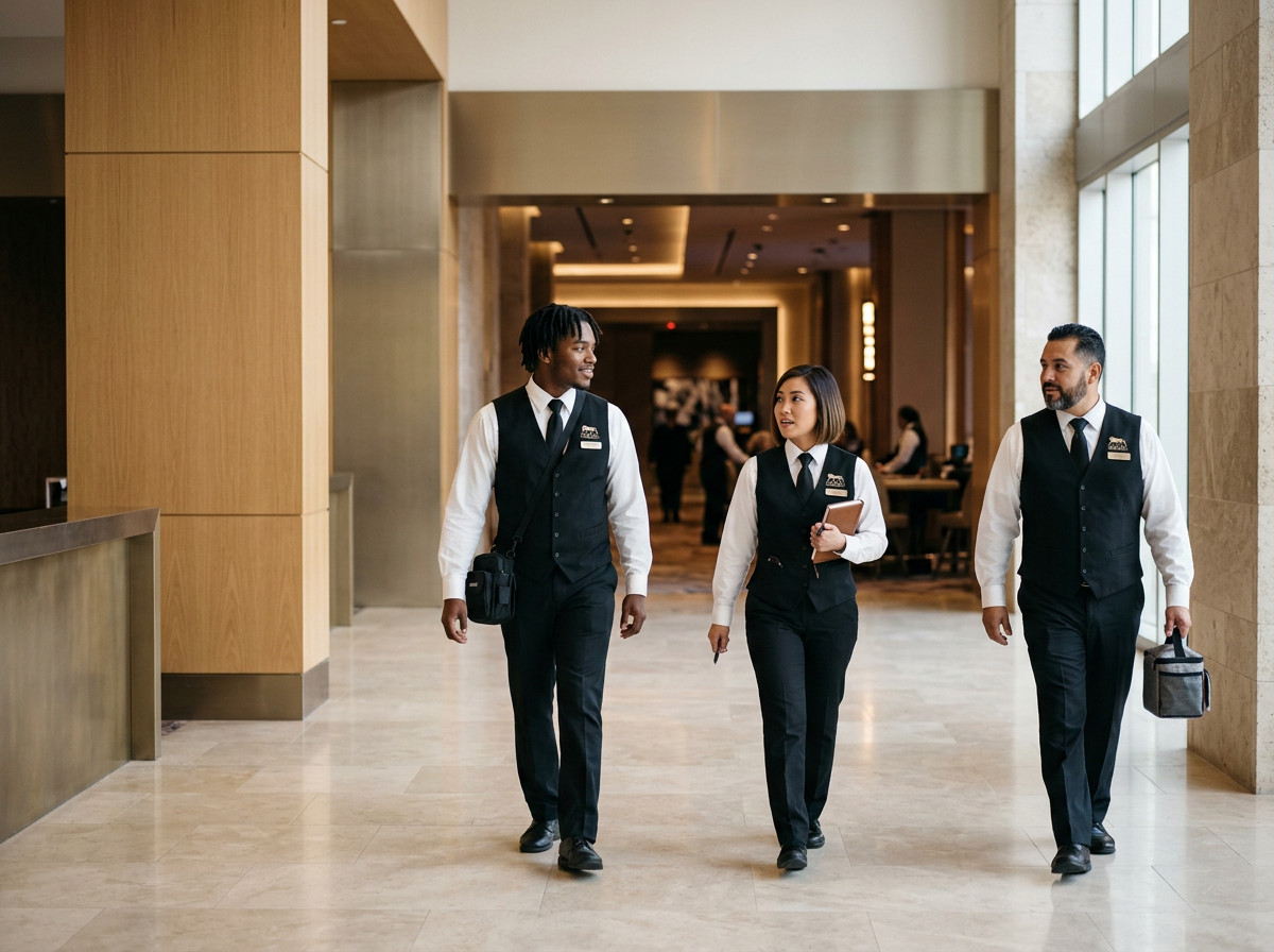 Three hotel staff members, two men and one woman, in uniform walking through hotel lobby, engaging in conversation.