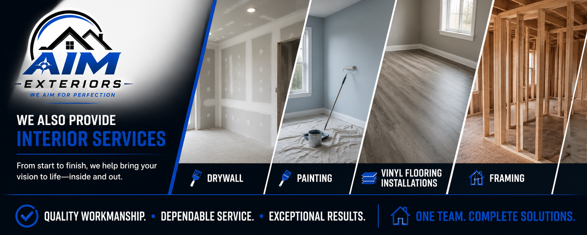 Advertisement for AIM Exteriors showcasing interior services with images of drywall, painting, vinyl flooring installations, and framing, along with text emphasizing quality workmanship and dependable service.