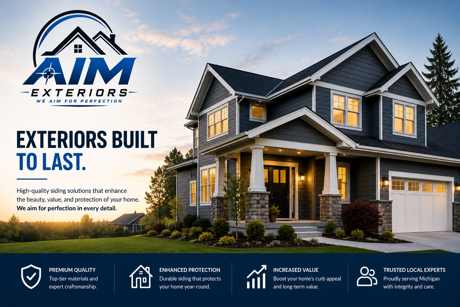 A house with a well-maintained front yard, lit windows, and a driveway, advertised by AIM Exteriors for high-quality siding solutions in Michigan.