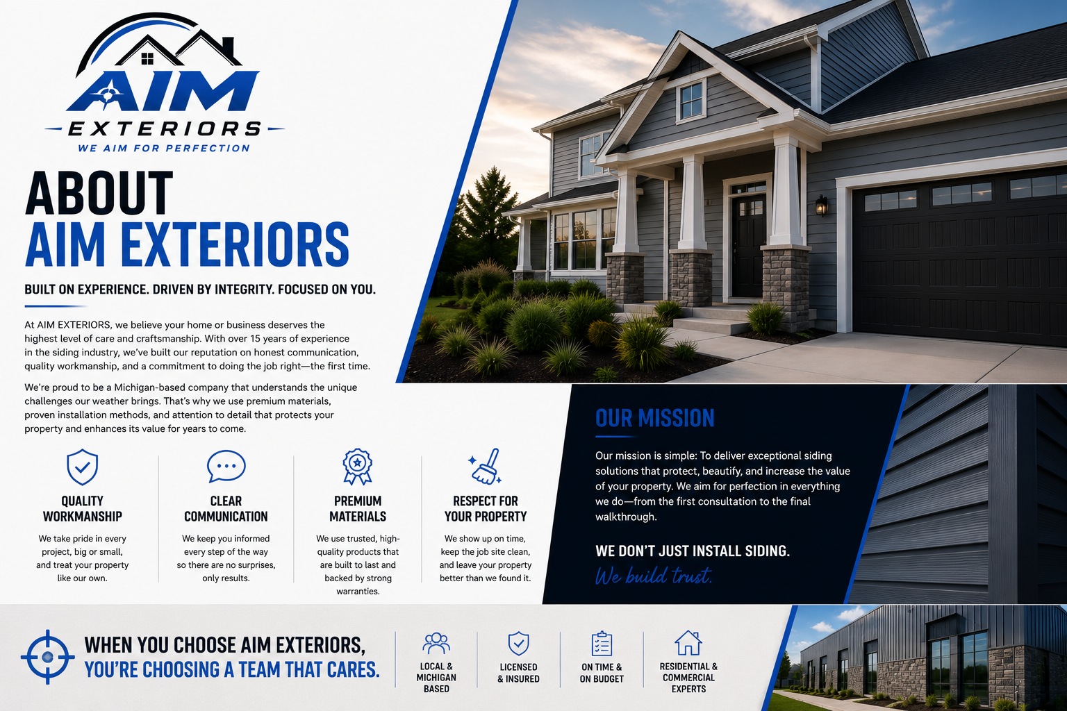 A promotional pamphlet for Aim Exteriors showcasing a modern house exterior with gray siding, white trim, black garage door, front porch, landscaped yard with bushes and grass. The pamphlet includes information about the company's experience, mission, and services, with blue, black, and white color themes and icons highlighting quality workmanship, clear communication, premium materials, and respect for property.