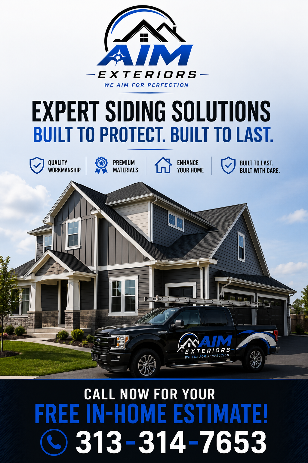 Advertisement for AIM Exteriors featuring a house with siding work. The ad emphasizes expert siding solutions, quality workmanship, premium materials, and home enhancement, with a call to action for a free in-home estimate and a phone number.