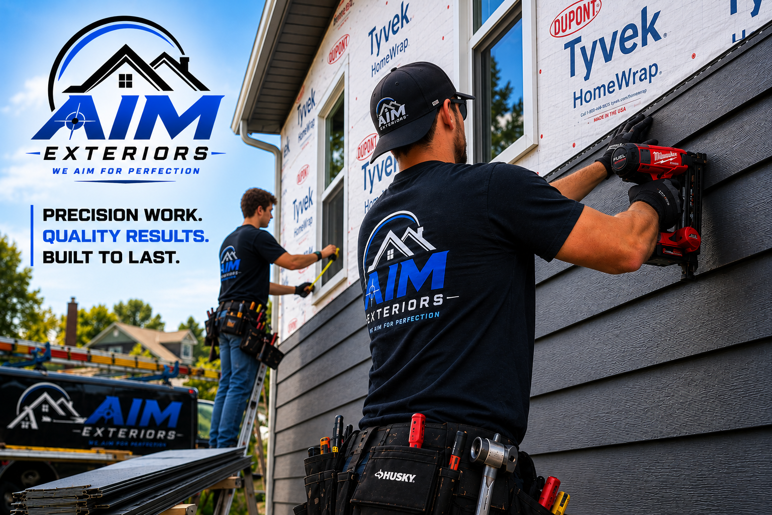 Construction workers from AIM Exteriors installing siding on a house with tools and a trailer in a suburban neighborhood