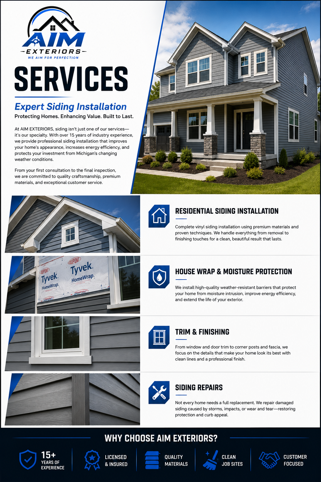A flyer for AIM Exteriors featuring images of a two-story house with gray siding, a blue sky, and various roofing and siding services offered.